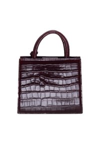 Piccola borsa bordeaux con texture a coccodrillo, caratterizzata da un design strutturato, due manici arrotondati e un'apertura superiore.
