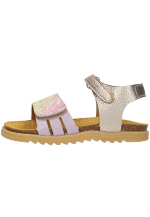 Child’s open-toe sandal with glittery pink front strap, metallic silver ankle strap, cork footbed, and beige rubber sole.
