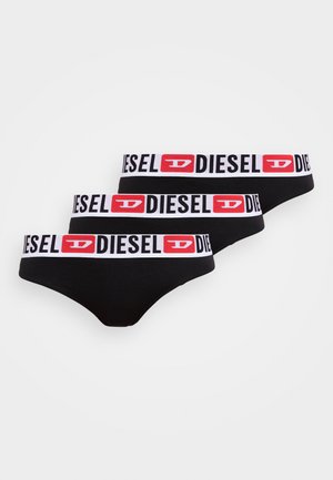 Ensemble de bikini noir comprenant des culottes avec une ceinture élastique blanche ornée du logo "DIESEL" rouge et noir. Tissu doux avec un ajustement confortable.