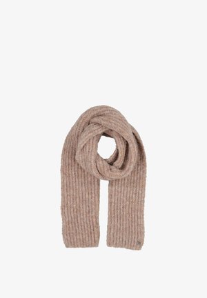 Ribbed scarf, beige color, soft texture, knitted design. Loosely wrapped, two ends hanging down, small logo detail at the bottom.