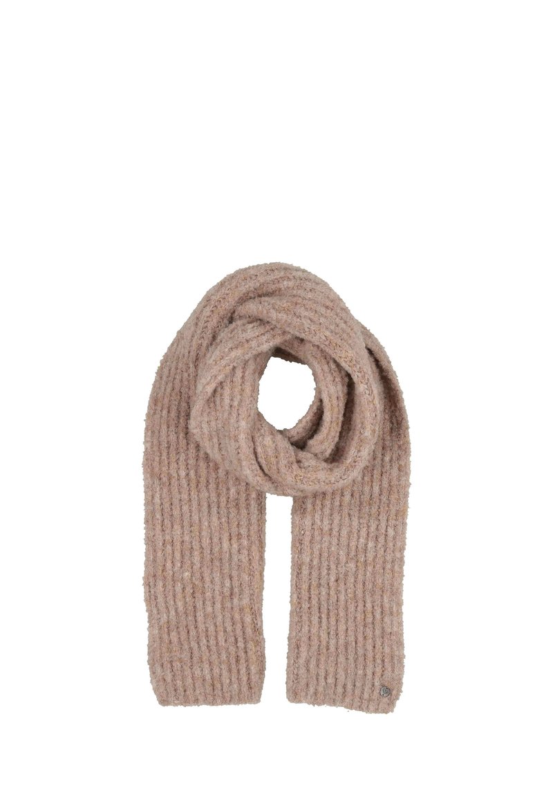 Écharpe côtelée, couleur beige, texture douce, design tricoté. Enroulée lâchement, deux extrémités pendantes, petit logo en bas.