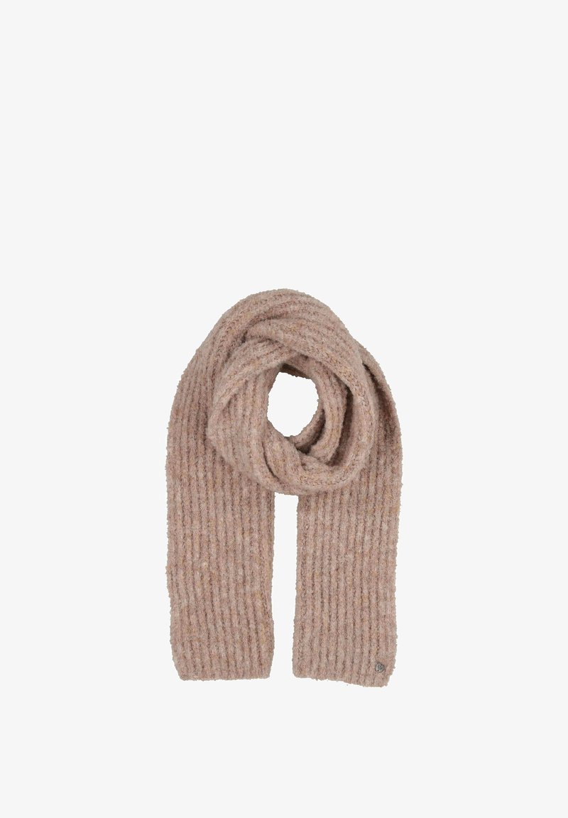 Võrkne sall, beež värv, pehme tekstuur, kudumise disain. Laisalt ümber kaela seotud, kaks otsa rippumas, väike logo detail allosas.