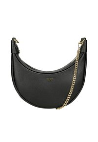 Černá kování tvaru měsíce z kůže s zlatým řetízkovým popruhem a malým zlatým logem ve středu přední strany.