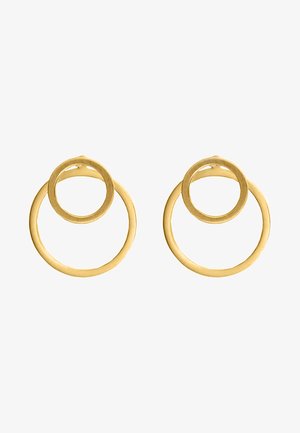 Orecchini a cerchio in metallo dorato con un design a doppio anello. Il cerchio più grande circonda un piccolo cerchio interno, entrambi con una finitura liscia.