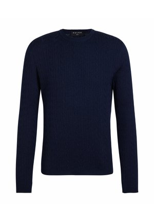Dunkelblauer Strickpullover mit langen Ärmeln, geripptem Rundhalsausschnitt und strukturiertem Zopfmuster über dem Stoff.