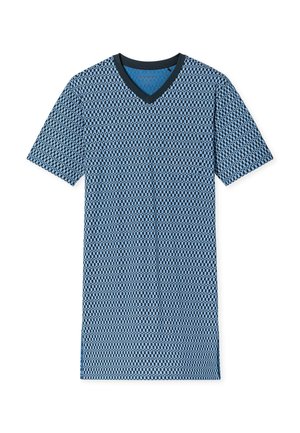 Blauw T-shirt met korte mouwen en een V-hals, met een geometrisch patroon in zwart en lichtblauw, voorzien van een klein borstzakje.