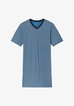 Sininen, lyhythihainen V-kauluksinen paita, jossa on musta ja vaaleansininen geometrinen kuvio sekä pieni rintatasku.