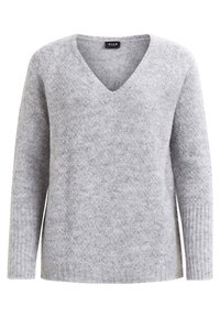 Pull en V gris fabriqué en tissu doux et texturé. Doté de manches longues et d'accents côtelés aux poignets et à l'ourlet pour plus de détails.