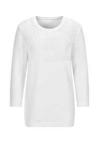 Pull en tricot blanc avec encolure ronde et manches trois-quarts, présentant des détails subtils de motifs tricotés horizontaux sur la poitrine.
