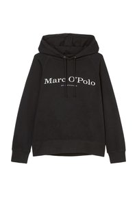 Czarna bluza z kapturem ze sznurkiem, z prążkowanymi mankietami i dolnym wykończeniem, z białym napisem "Marc O'Polo" oraz "EST. STOCKHOLM" z przodu.