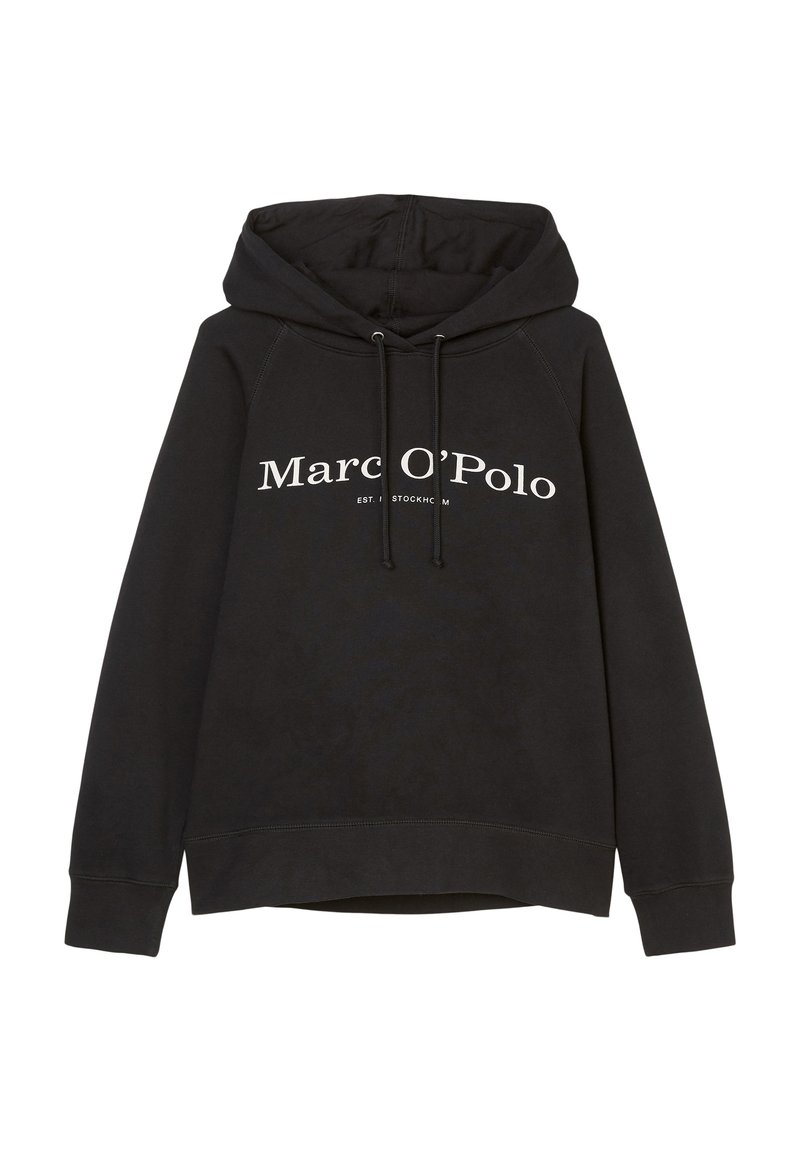 Czarna bluza z kapturem ze sznurkiem, z prążkowanymi mankietami i dolnym wykończeniem, z białym napisem "Marc O'Polo" oraz "EST. STOCKHOLM" z przodu.