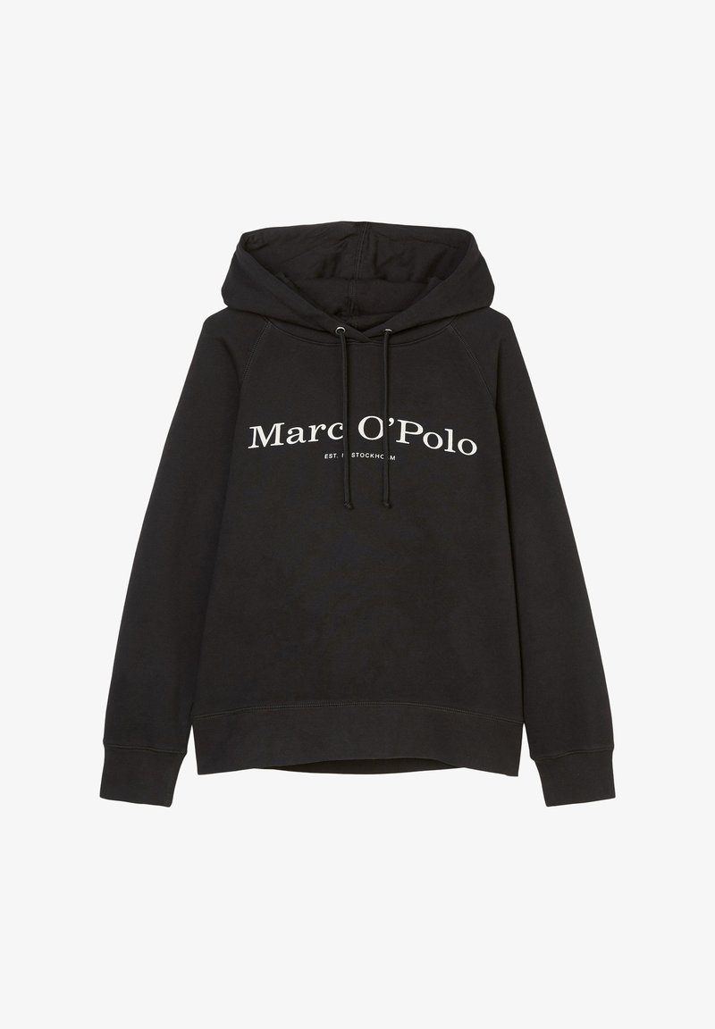 Czarna bluza z kapturem ze sznurkiem, z prążkowanymi mankietami i dolnym wykończeniem, z białym napisem "Marc O'Polo" oraz "EST. STOCKHOLM" z przodu.