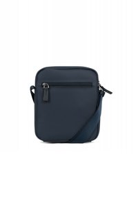 Borsa crossbody di colore blu scuro, realizzata in nylon strutturato, con una tasca frontale con cerniera, tracolla regolabile e forma rettangolare.
