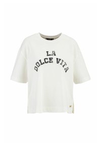 White cotton t-shirt with short sleeves and a loose fit. Features black graphic text “LA DOLCE VITA” and side slits at the hem. Gold accent detail.