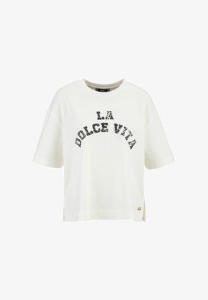 Weißes Baumwoll-T-Shirt mit kurzen Ärmeln und lockerem Schnitt. Mit schwarzem Grafiktext "LA DOLCE VITA" und seitlichen Schlitzen am Saum. Goldene Akzentdetails.