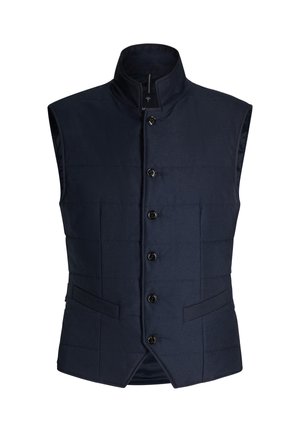 Marineblauw, mouwloos vest met een hoge kraag, knoopsluiting aan de voorkant en twee zijzakken; doorgestikte textuur met subtiele vulling.