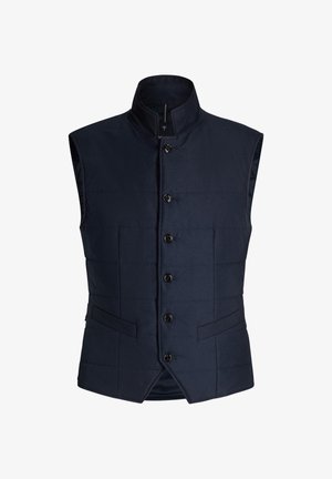 Marineblauw, mouwloos vest met een hoge kraag, knoopsluiting aan de voorkant en twee zijzakken; doorgestikte textuur met subtiele vulling.