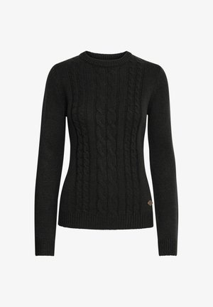 Čierny sveter s pleteným vzorom, dlhými rukávmi, okrúhlym výstrihom, rebrovanými manžetami a lemom, s malou značkovou nášivkou v oblasti pása.