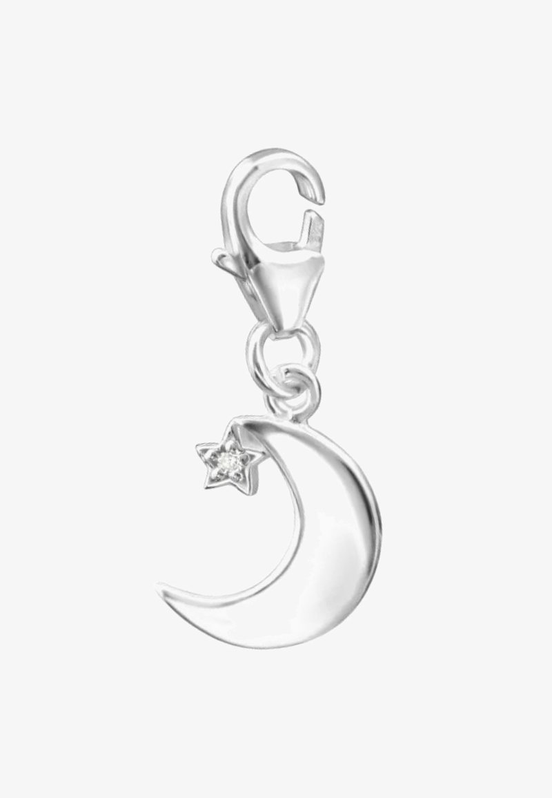 Zilveren charm in de vorm van een halve maan met een glanzend, glad oppervlak, verfraaid met een ster met een heldere edelsteen. Clipontwerp voor bevestiging.