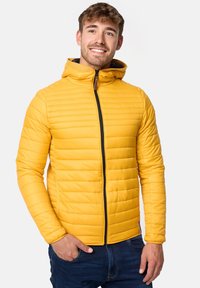 Geel gewatteerd jack met een capuchon, voorzien van een voorkeursrits en zwarte accenten, gemaakt van lichtgewicht materiaal. Geplaatst met horizontale lijnen.