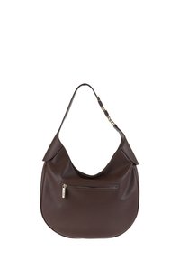 Borsa a spalla in pelle marrone con un aspetto morbido e texture, tasca frontale con zip e forma curva. Inclusa tracolla regolabile.