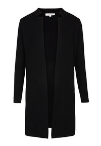 Černý kardigan s otevřeným předním dílem a dlouhými rukávy, vyrobený z měkké látky. Vyznačuje se minimalistickým designem bez viditelných zapínání či vzorů.