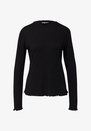 Zwart geribd top met lange mouwen, een ronde halslijn en gerimpelde zoom en mouwranden, met een aansluitend ontwerp en een textuurstof.