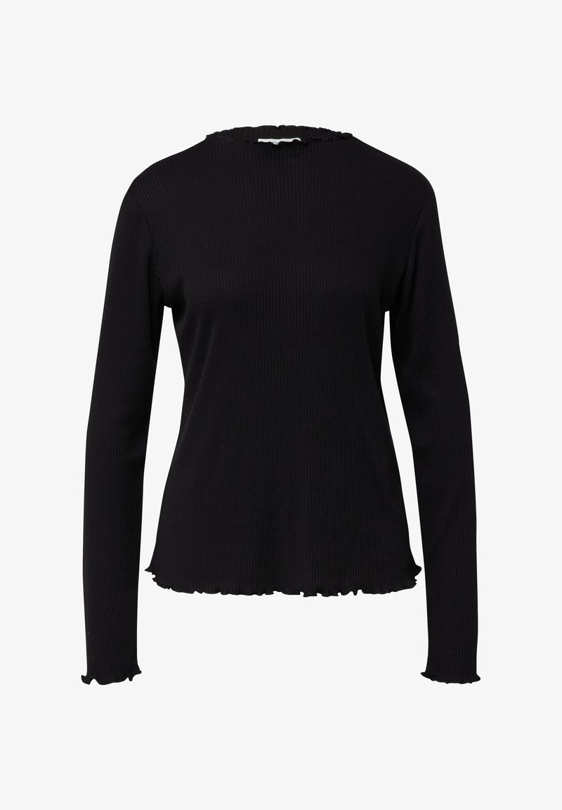 Top nero a maniche lunghe con tessuto a costine, scollo tondo e orli arricciati su fondo e maniche, presentando un design aderente e tessuto strutturato.