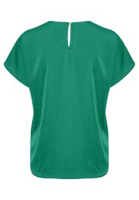 Blouse verte à manches courtes avec col rond et petite ouverture avec bouton au dos.