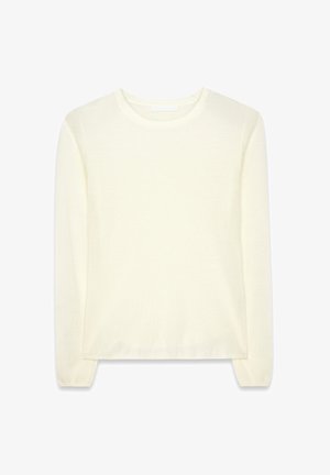 Jasno kremowy, lekki sweter, wykonany z miękkiego materiału dzianinowego, z długimi rękawami, okrągłym dekoltem i prostym obszyciem.