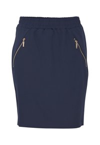 Fustă albastră închisă cu talie elastică, două buzunare cu fermoar aurii în față și un design ajustat. Țesătură netedă cu un ușor luciu.