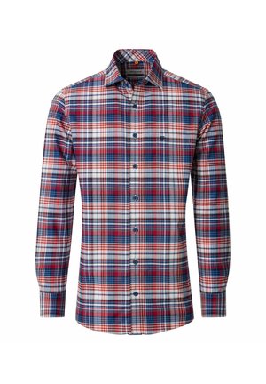 Langärmliges Hemd zum Knöpfen mit kariertem Muster in Rot, Blau und Weiß sowie einer kleinen Brusttasche vor weißem Hintergrund.