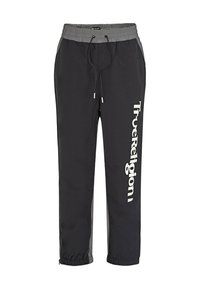 Schwarze Sporthose mit grauen Akzenten, elastischem Bund, Kordelzug und weißem "True Religion"-Logo an der Seite. Elastische Bündchen an den Knöcheln.