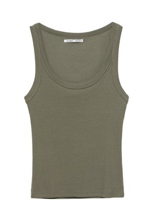 Débardeur côtelé sans manches vert olive avec col rond et larges bretelles, posé à plat sur un fond blanc.