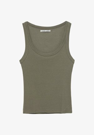 Débardeur côtelé sans manches vert olive avec col rond et larges bretelles, posé à plat sur un fond blanc.