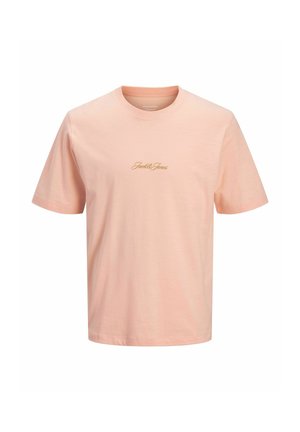 Light pink short-sleeve t-shirt with crew neck and small gold "Jack & Jones" logo centered on the chest.