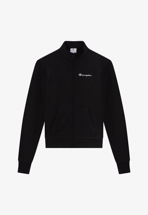 Felpa nera con cerniera frontale, tasche anteriori, polsini a costine, collo alto e logo bianco "Champion" sul petto a sinistra.
