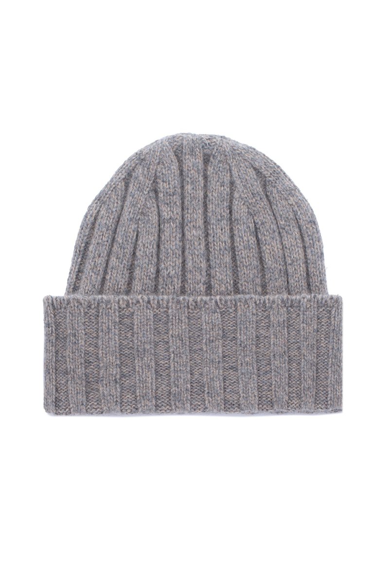 Beanie a coste grigio realizzato in materiale morbido. Presenta un risvolto e un motivo texturizzato su tutta la superficie, offrendo una vestibilità avvolgente.