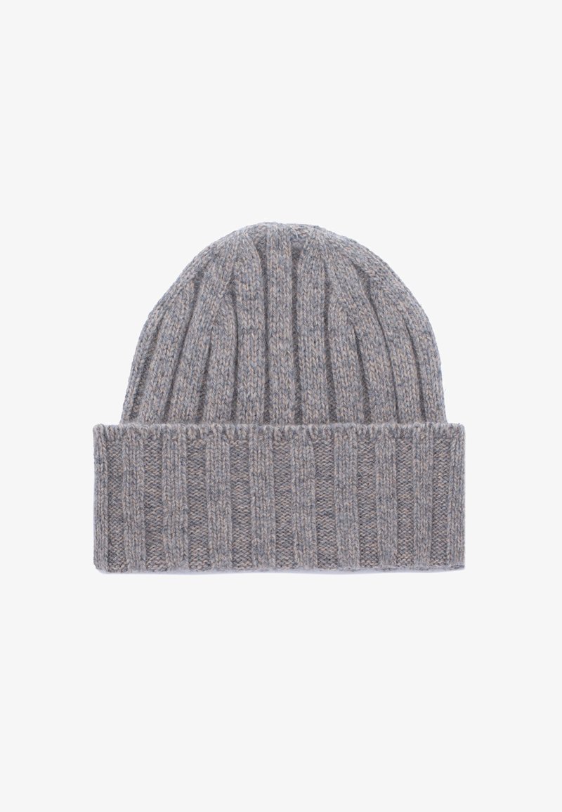 Beanie a coste grigio realizzato in materiale morbido. Presenta un risvolto e un motivo texturizzato su tutta la superficie, offrendo una vestibilità avvolgente.