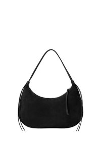 Black suede shoulder bag with a curved shape, single strap, zipper closure, and decorative leather tassels on both sides.