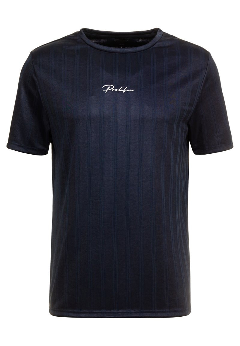Tmavě modré tričko s krátkým rukávem s jemnou pruhovanou texturou a bílým vyšívaným logem na hrudi. Měkký materiál, kulatý výstřih.