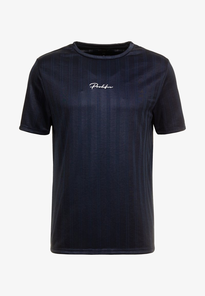 Tmavě modré tričko s krátkým rukávem s jemnou pruhovanou texturou a bílým vyšívaným logem na hrudi. Měkký materiál, kulatý výstřih.