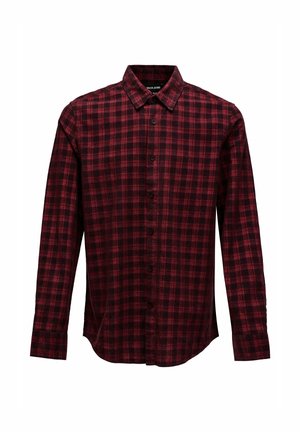 Červená a černá kostkovaná košile s dlouhým rukávem a límečkem, vystavená položená plochě s knoflíky na manžetách.
