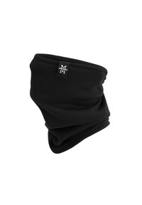 Black fleece neck gaiter with a soft texture, features a branded tag. Designed to provide warmth and coverage for the neck area.