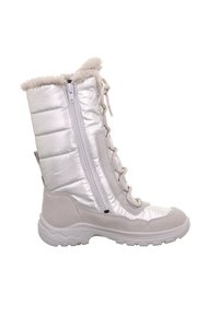 Stříbrné nadýchané zimní boty s límcem z umělé kožešiny, bočním zipem a šněrováním. Vyrobené z měkkého materiálu s texturovaným povrchem a gumovou podešví.