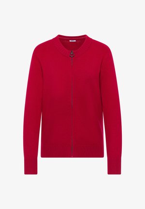 Cardigan rosso lavorato a maglia con scollo rotondo e zip frontale. Caratterizzato da polsini e orlo a coste. Design semplice con una superficie liscia.