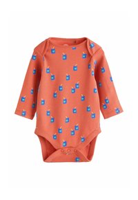 Coralli värvi pika varrukaga bodi, millel on korduv siniste mahlapakendite mustriga disain, valmistatud pehmest puuvillast ja millel on all klõpsuga sulgemised.