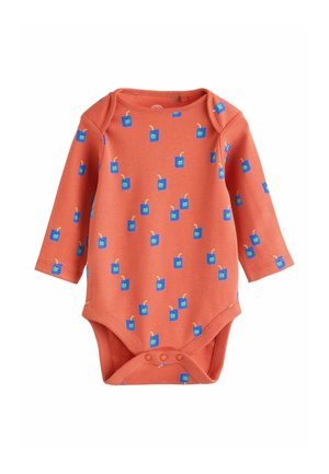 Coralli värvi pika varrukaga bodi, millel on korduv siniste mahlapakendite mustriga disain, valmistatud pehmest puuvillast ja millel on all klõpsuga sulgemised.