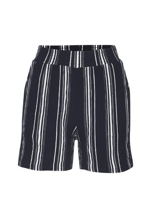 Pantalones cortos azul marino con rayas verticales blancas, cintura elástica y tejido texturizado.