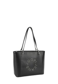 Czarna torebka typu tote z ekologicznej skóry z ozdobnym logo w kształcie koła z ćwiekami, dwoma paskami na ramię i usztywnionym, prostokątnym kształtem.